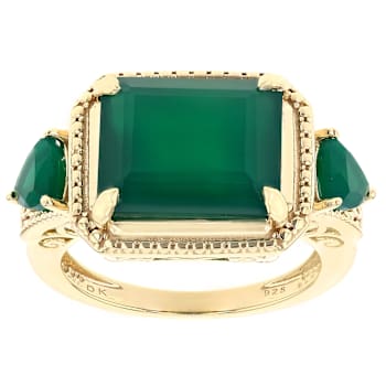 Green Onyx 3-Stone Ring In 18K Gold Over Sterling Silver 5.06ctw