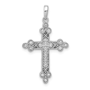 Rhodium Over 14k White Gold Diamond Filigree Budded Cross Pendant