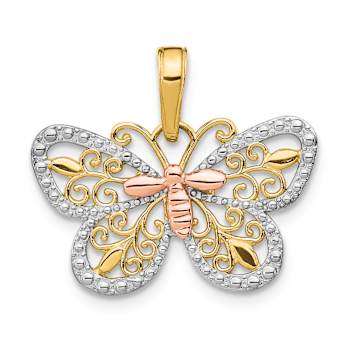 14k Tri-color Gold Diamond-Cut Butterfly Pendant