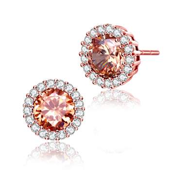 Coffee Color CZ Halo Stud Earrings In 18K Rose Gold Over Sterling Silver