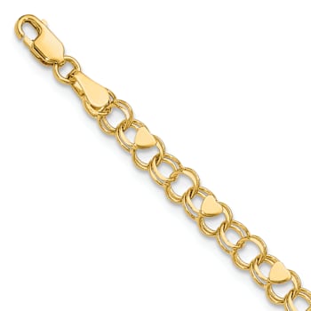 10k Yellow Gold 4mm Double Link Heart Charm Bracelet