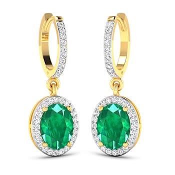 2.0ctw 14K Yellow Gold  Zambian Green Emerald and White Diamond Halo Earrings
