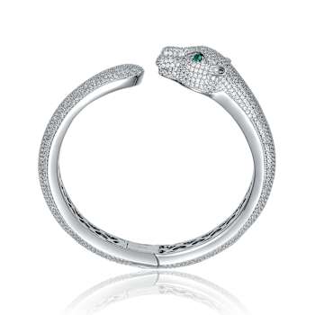 Emerald Color CZ Panther Hinged Cuff Bracelet In Sterling Silver