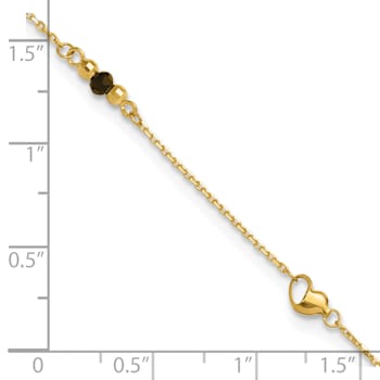 14K Gold Polished/Diamond-cut Heart Lab Created Onyx Beads 9-inch Plus
1-inch Extension Anklet