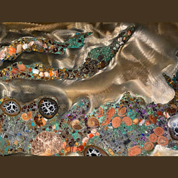 'Twin Pillars' - gemstone art with ammonite, septarian, malachite and amethyst