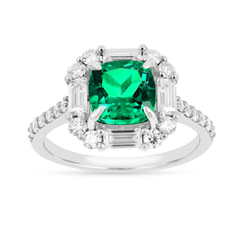 Green Lab Created Emerald and Moissanite Rhodium Over Sterling Silver
Halo Design Ring
