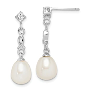 Rhodium Over Sterling Silver  7-8mm White Rice Freshwater Cultured Pearl
Cubic Zirconia Earrings