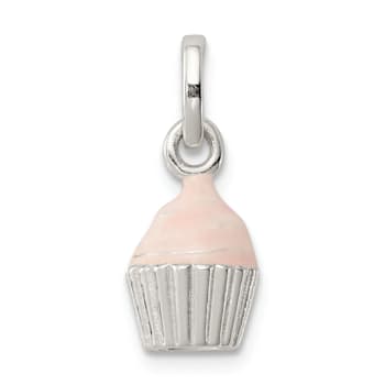 Sterling Silver Polished and Pink Enameled Cupcake Children's Pendant