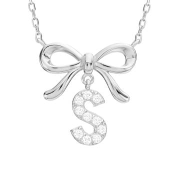 Initial S Bow CZ Necklace In Sterling Silver 0.23ctw