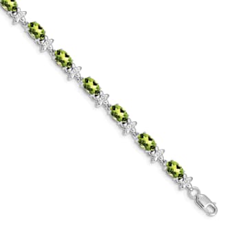 Rhodium Over 14k White Gold Floral Diamond and Peridot Bracelet