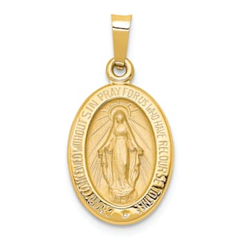 14K Yellow Gold Polished and Satin Miraculous Medal Hollow Pendant