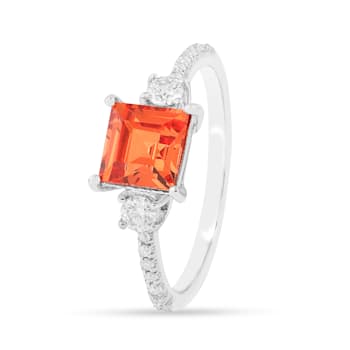 Peach Orange Lab Created Padparadscha Sapphire Rhodium Over Sterling
Silver Three Stone Ring