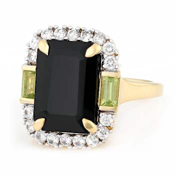 Black Spinel, Peridot And White Zircon Ring In 18K Gold Over Sterling
Silver 8.41ctw