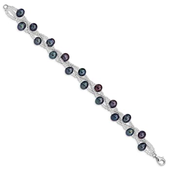 Rhodium Over Sterling Silver 7-9mm Black Freshwater Cultured Pearl And
Glass Beaded Bracelet