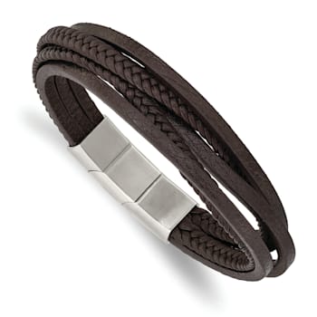 Brown Faux Leather and Stainless Steel Polished Brown Multi Strand with
0.5-inch Extension Bracelet