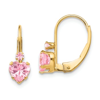 14K Yellow Gold Pink Cubic Zirconia Heart Dangle Earrings