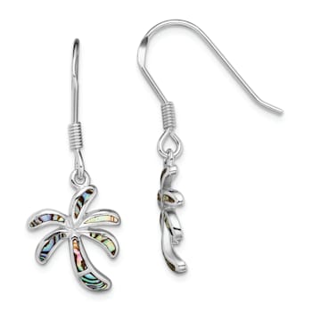 Rhodium Over Sterling Silver Abalone Palm Tree Earrings
