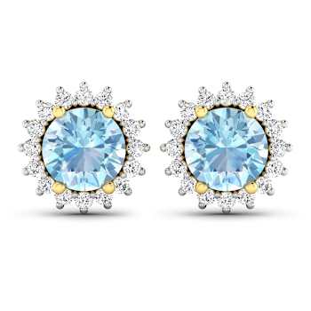 1.30ctw 14K Yellow Gold Aquamarine and White Diamond Halo Earrings