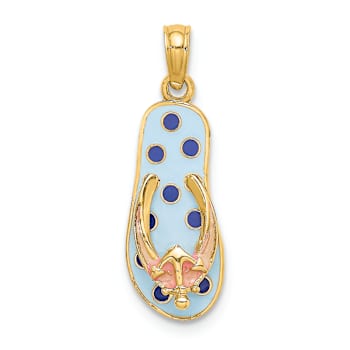 14k Yellow Gold Enamel Anchor On Blue Polka-Dot Flip-Flop Pendant
