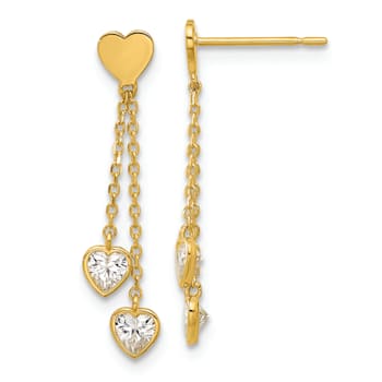 14k Yellow Gold Polished Cubic Zirconia Hearts Post Dangle Earrings