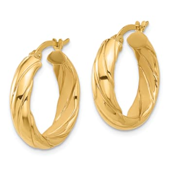 14k Yellow Gold Polished and Textured 13/16" Hoop Earrings