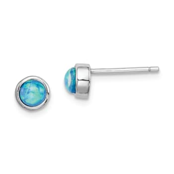 Rhodium Over Sterling Silver Polished 5mm Created Opal Round Stud Earrings