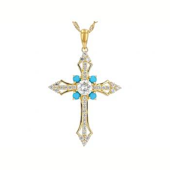 Diamond Simulant, Sleeping Beauty Turquoise And White Zircon Cross
Pendant Necklace In 18K Gold Over Sterling Silver 2.34ctw