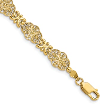 14k Yellow Gold Textured Fancy Floral Link Bracelet