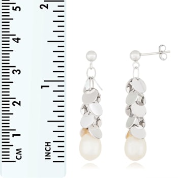 White Cultured Freshwater Pearl Rhodium Over Sterling Silver 7-8mm Drop Earrings