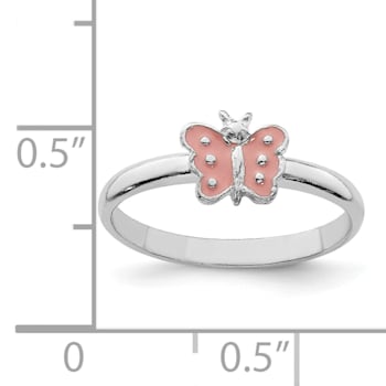 Rhodium Over Sterling Silver Polished Pink Enameled Butterfly Children's Ring