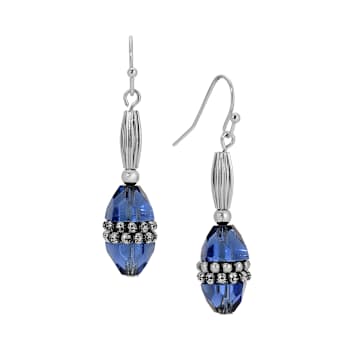 Silver Tone Blue Bead Drop Wire Earrings