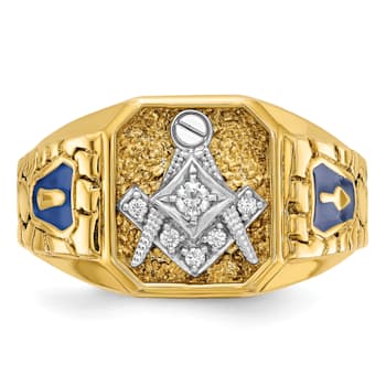 10K Two-tone Yellow and White Gold Textured and Enamel Diamond Blue
Lodge Masonic Ring 0.1ctw