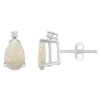 8x5mm Pear Shape Opal with Diamond Accents 14k White Gold Stud Earrings