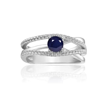 Round Blue Sapphire with White Sapphire Accents Sterling Silver
Crossover Open Design Ring, 0.65ctw