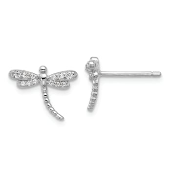 Rhodium Over Sterling Silver Polished Cubic Zirconia Dragonfly Post Earrings