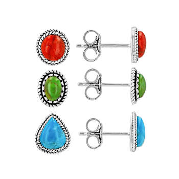 Coral, Green And Blue Turquoise Sterling Silver Stud Earring Set Of 3