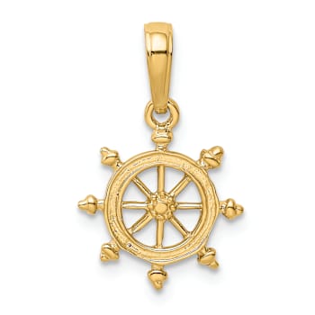 14k Yellow Gold Textured Ship Wheel Pendant