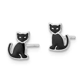 Rhodium Over Sterling Silver Polished Black Enameled Cat Post Earrings