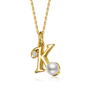 Initial K CZ And Pearl Pendant Necklace In 14K Gold Over Brass