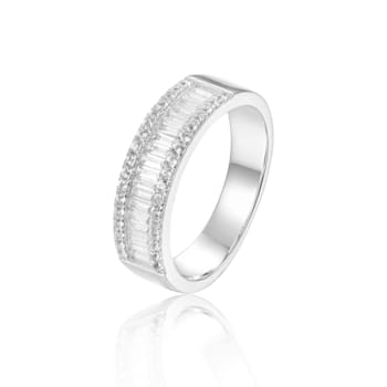 Baguette and Round White Topaz Sterling Silver Multi-Row Band Ring, 0.72ctw