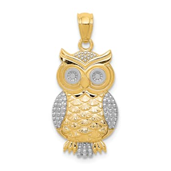 14K Two-tone Gold Polished and Textured Owl Pendant