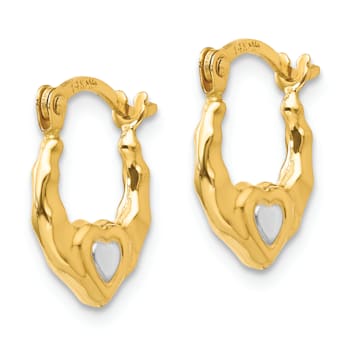 14K Yellow Gold with Rhodium Heart Hollow Hoop Earrings