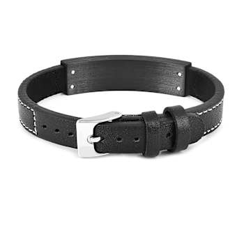 Mens Stainless Steel, Black Leather and Carbon Fiber Bar Bracelet