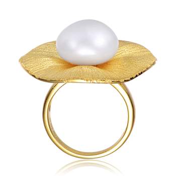 Pear Shape Freshwater Pearl Floral Ring In 14K Gold Over Sterling Silver
