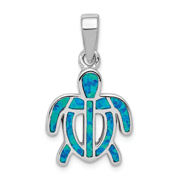Rhodium Over Sterling Silver Lab Created Blue Opal Inlay Tortoise Pendant