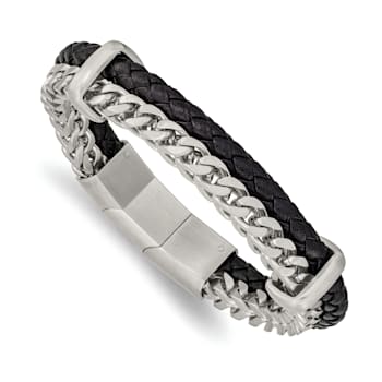 Black Leather and Stainless Steel Brushed and Chain 8-inch with 0.5-inch
Extension Bracelet