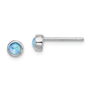 Rhodium Over Sterling Silver Polished 4mm Created Opal Round Stud Earrings