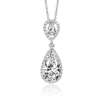 Pear Shape CZ Halo Drop Necklace In Sterling Silver