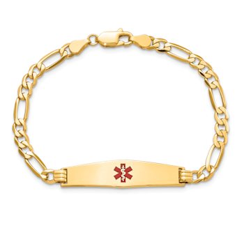 14k Yellow Gold Medical Soft Diamond Shape Red Enamel Flat Figaro Link
ID Bracelet