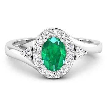 Oval Green Emerald and Diamond 14K White Gold Halo Ring 0.83 ctw